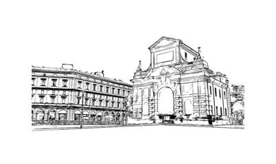 Building view with landmark of Bologna is the capital and largest city of  Northern Italy. Hand drawn sketch illustration in vector. © dhanu3182