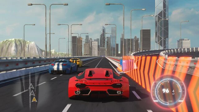 Speed Rasing 3d Video Game Imitation With Interface. Sports Cars Compete On The City Bridge Road. Gameplay Screen.