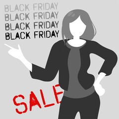 Black Friday sale illustration. Anonymous stylish woman pointing finger at gray background.