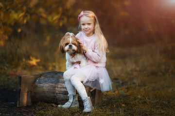A cute girl hugs a Shih Tzu dog in the autumn forest. A girl walks with a dog in an autumn park.