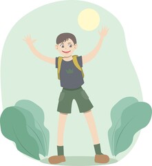 Camper boy enjoying wildlife. Boy or a teenager with a yellow backpack. He's excited  for his forest adventure. Cute vector illustration.