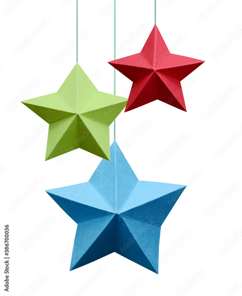 Wall mural origami paper stars haning with string