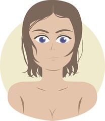 Portrait of girl with wet (or oily) hair. She has short brown hair and big dark blue eyes. She's a little surprised and doesn't look happy.