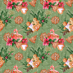 Watercolor gingerbread cookies, pine conifer, holly, poinsettia hot chocolate, seamless pattern