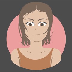 Portrait of smiling brown-eyed woman on pink and black geometric background. Vector illustration.