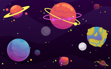 Fantastic alien planets on a space background a vector cartoon flat illustration