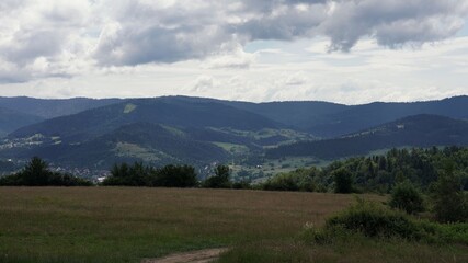 July in the Beskid Mountains, view of the valley and peaks