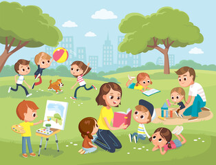 Obraz na płótnie Canvas Parents with kids at the park. Mum reading book to children. Boy drawing the watercolor. Teacher reading book to children. Daddy playing with daughter.