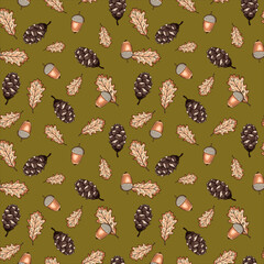 Seamless vector pattern with autumn leaves, acorns and cones on green background. Design perfect for wallpaper, wrapping paper, card, textile.
