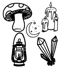 Simple minimal collection set inked elements mushroom halloween autumn themed doodles illustration icon vector design element isolated on a white background