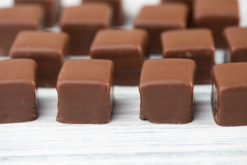 Domino stones, a german traditional christmas sweet with gingerbread, marzipan and jelly covered with brown chocolate, Dominosteine