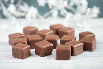 Domino stones, a german traditional christmas sweet with gingerbread, marzipan and jelly covered with brown chocolate, Dominosteine
