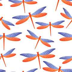 Dragonfly cool seamless pattern. Spring clothes textile print with damselfly insects. Close up 