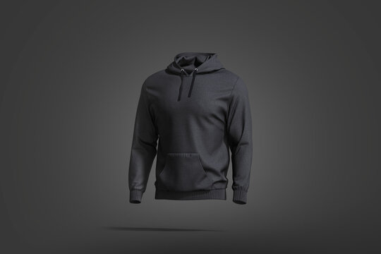 Blank black sport hoodie with hood mockup, dark background