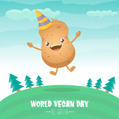 World vegan day greeting card with funny cartoon cute brown smiling tiny potato isolated on on green summer forest background background. Vegan day banner. vegetable funky character