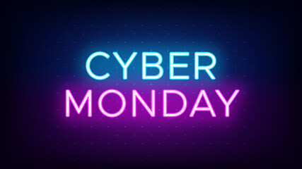 Cyber Monday sale banner in neon style. Promo banner with glowing neon text of Cyber Monday