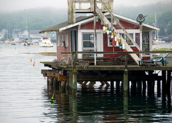 Fishing village docks on the water in Boothbay Harbor Maine