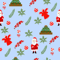 Seamless pattern with Santa Claus and spruce branches