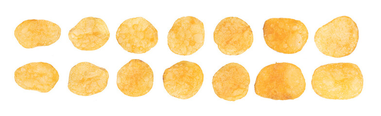 Set of tasty golden potato chips close-up isolated on white background