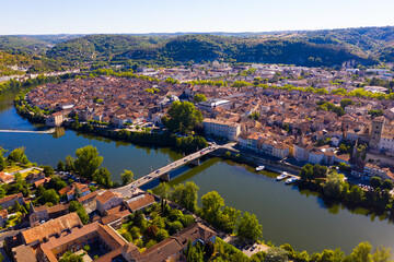 Fototapeta na wymiar Fly over a picturesque city Cahors and Lot river. Southern France