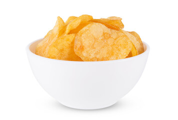 Appetizing, golden chips in the white bowl, isolated on white