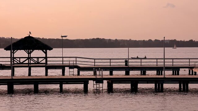 Wooden pier on Narie lake in Kretowiny village, Ilawa Lake District in Warmia Mazury region of Poland