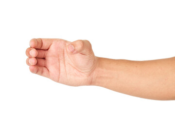 Hand holding something like drink, water bottle isolated on white background with clipping path for advertising