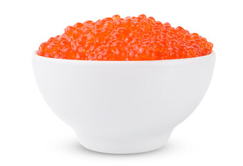 Red tasty salted caviar or fish eggs in white bowl isolated on white background