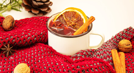Christmas mulled wine. Merry Christmas. a cup mulled wine with cinnamon and anise, top view....