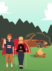 Fototapeta premium Family with children concept flat icons set of house, traveling, spending time together, watching tv