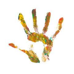 Handprint in multicolored colors isolated on a white background. Silhouette of a human hand