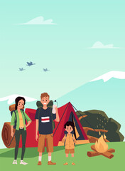Family of tourists with a child on a hike in camping, flat vector illustration.