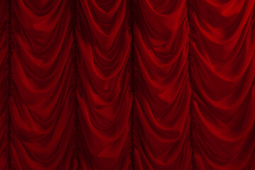 Red colored curtain in theatre. Red fabric. 