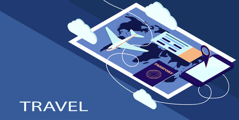 Design of a travel poster. image of isometric clouds, phone, map, and passport with ticket. EPS10