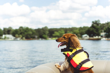 Miniature Long-Haired Dachshund on Boat Ride in Life Jacket 