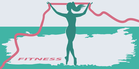 Elastic ribbon - image of a woman - abstract background in grunge style - vector. Fitness. Home workout. Sports horizontal banner