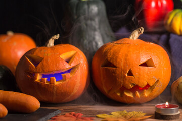 A jack-o '-lantern for Halloween is set against a black background