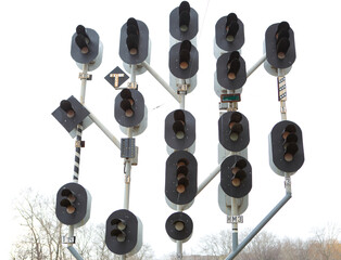 A lot of semaphores in a single rack. Railway huge semaphore