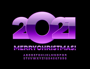 Vector original greeting card Merry Christmas 2021! Purple glossy Font. Modern Alphabet Letters and Numbers set