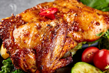 Roasted whole glaze chicken with fresh vegetables