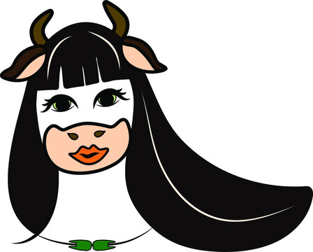 recommend clip art: humanized portrait of a brunette cow with long hair, drawn in vector, on a white background isolated 