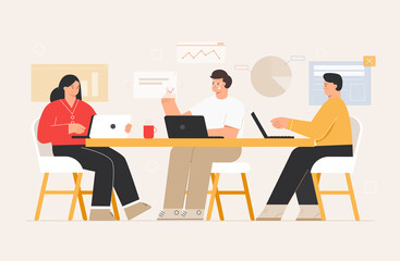 Fototapeta na wymiar Corporate Business Team People sitting at desk in modern office with flat icon. Coworking Space with Man and Woman with Laptop. Flat style vector illustration.