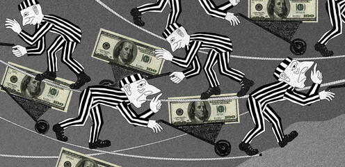 Obraz premium Convicts in striped robes transport dollars in wheelbarrows. Graphic stylization drawing. Humorous illustration.