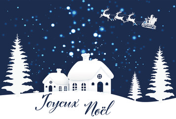 carte ou bandeau sur 'joyeux Noël" en bleu avec un village sous la neige des sapins le traineau du père Noël en blanc et la neige qui tombe sur un fond bleu foncé