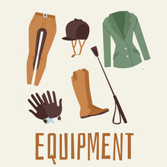 Equestrian sport equipment items set flat cartoon vector illustration isolated.