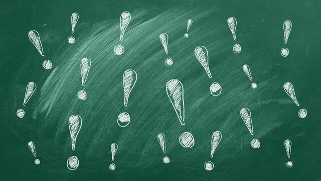 Exclamation marks drawn in chalk on a  green blackboard