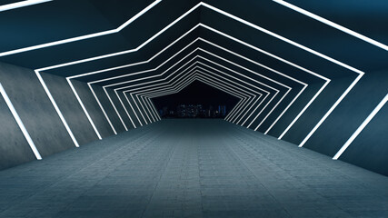 Empty space for product show in long corridor with light glow. 3D rendering.