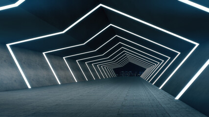 Empty space for product show in long corridor with light glow. 3D rendering.