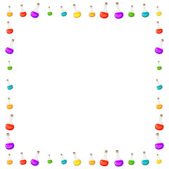 Fototapeta premium Magic elixir frame for halloween. Border of cartoon liquid flask with colorful poison. Toxic potion background element on white.