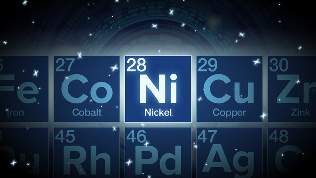 Close up of the Nickel symbol in the periodic table, tech space environment.